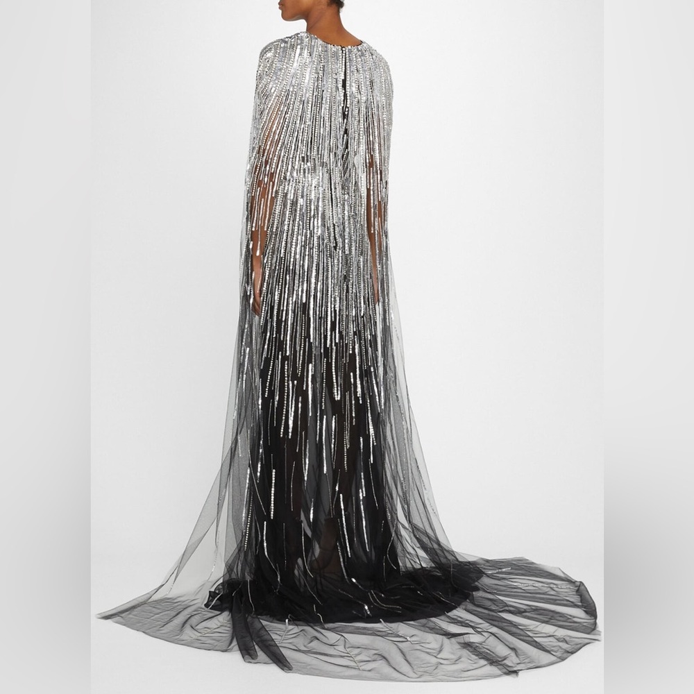 Pamella Roland Sequined Tulle Cape Gown Long Dress - Picture 5 of 16